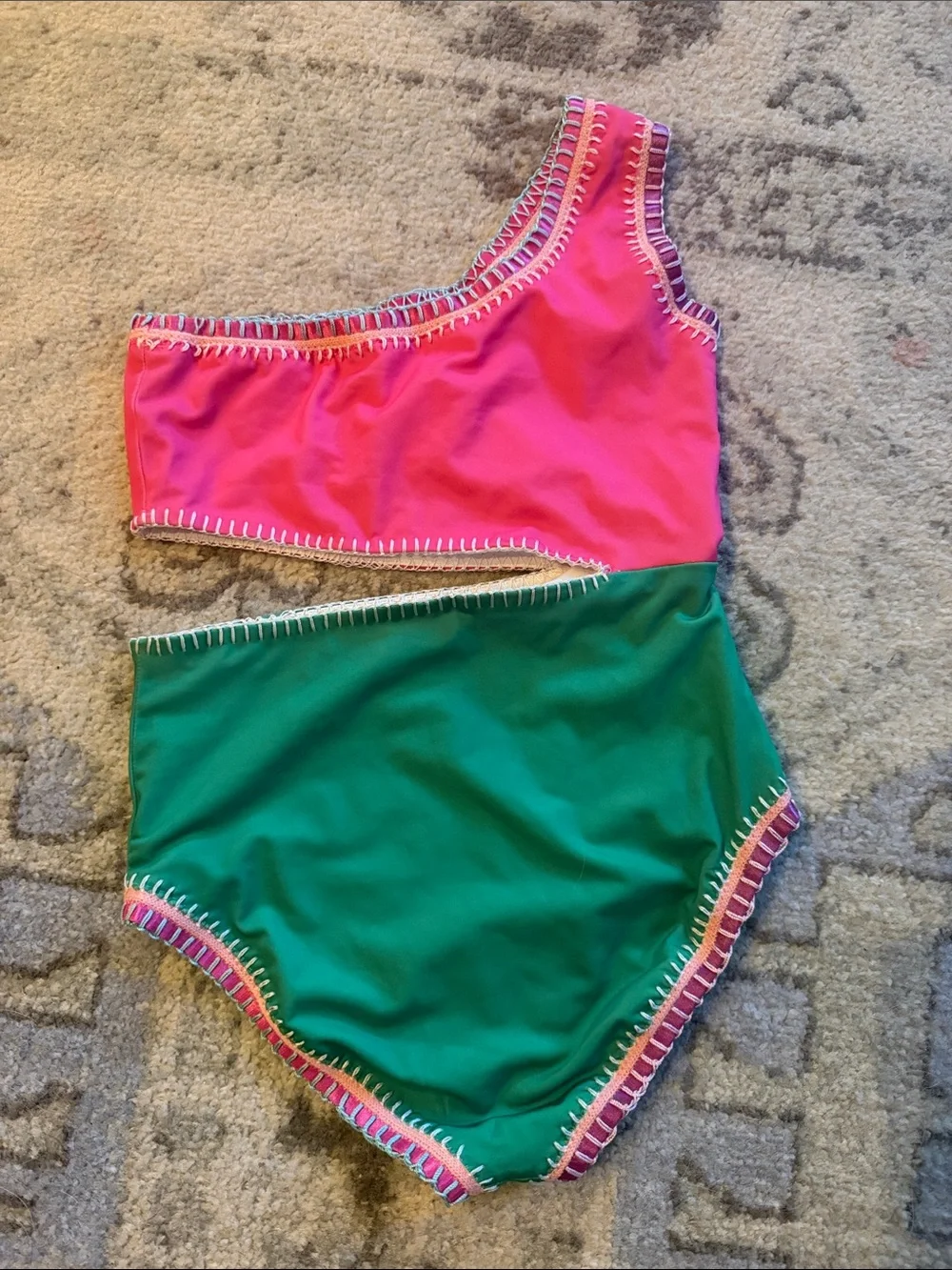 Girls Colorblock One-Shoulder One-Piece Swimsuit - Pink & Green